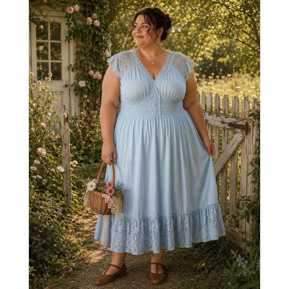 Anna-Kaci Cottagecore Milkmaid Peasant Dress Womens XXL Romantic Blue Lace Trim
